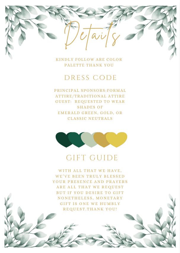 Details — dress code, color palette, and gift guide