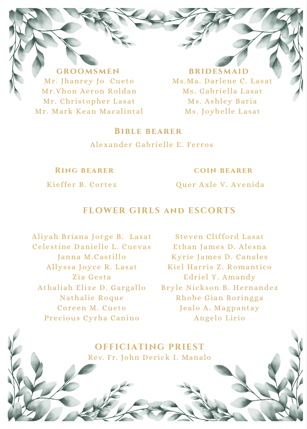 Wedding party — groomsmen, bridesmaids, bearers, and flower girls
